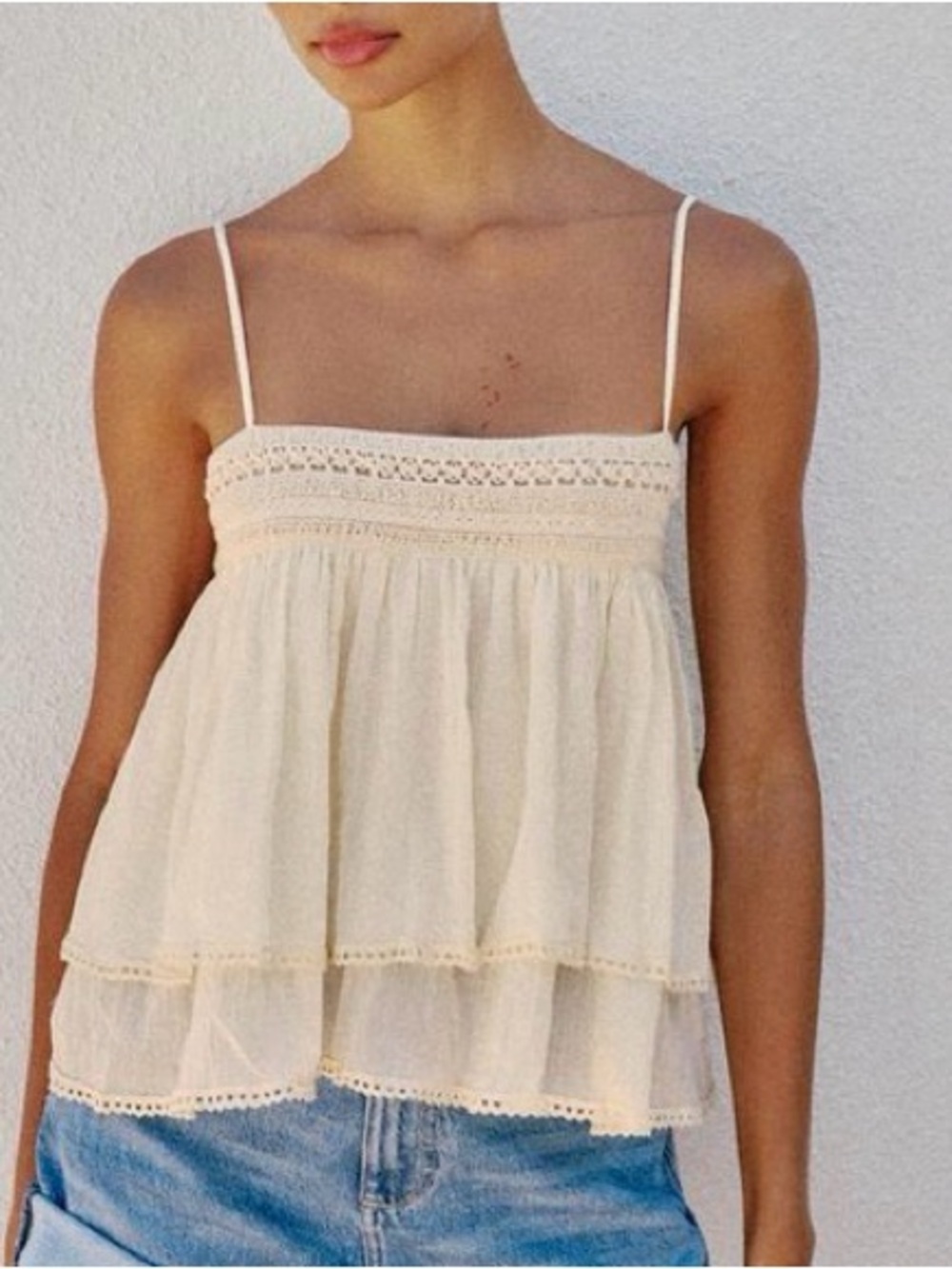 Women's Cream Crochet-Trim Spaghetti Strap Top